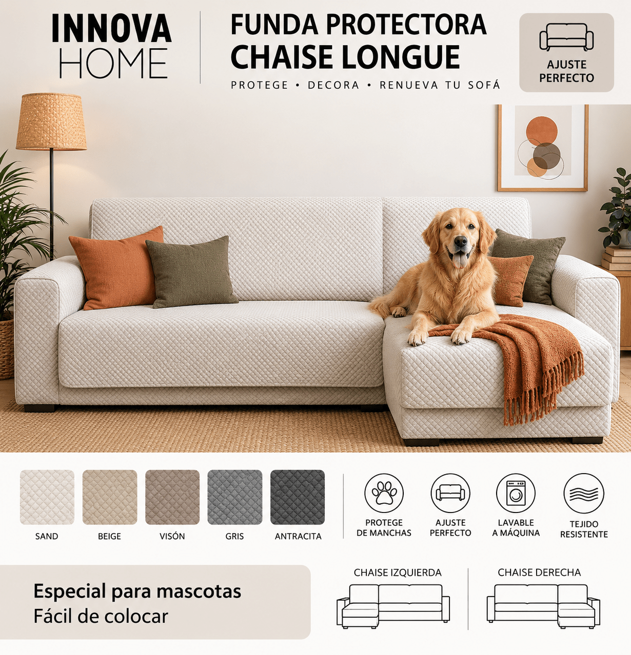 Funda Cubre Sofá Cheslong BEIGE - Imagen 2